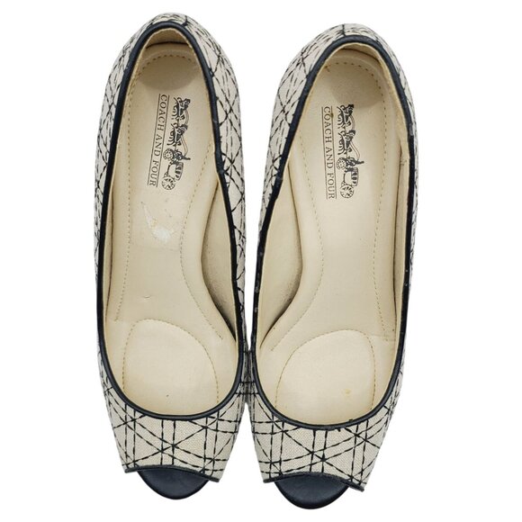 Coach And Four Beige & Black Geometric Peep-Toe Heels Size 8 Canvas 3" Stiletto - Picture 3 of 15